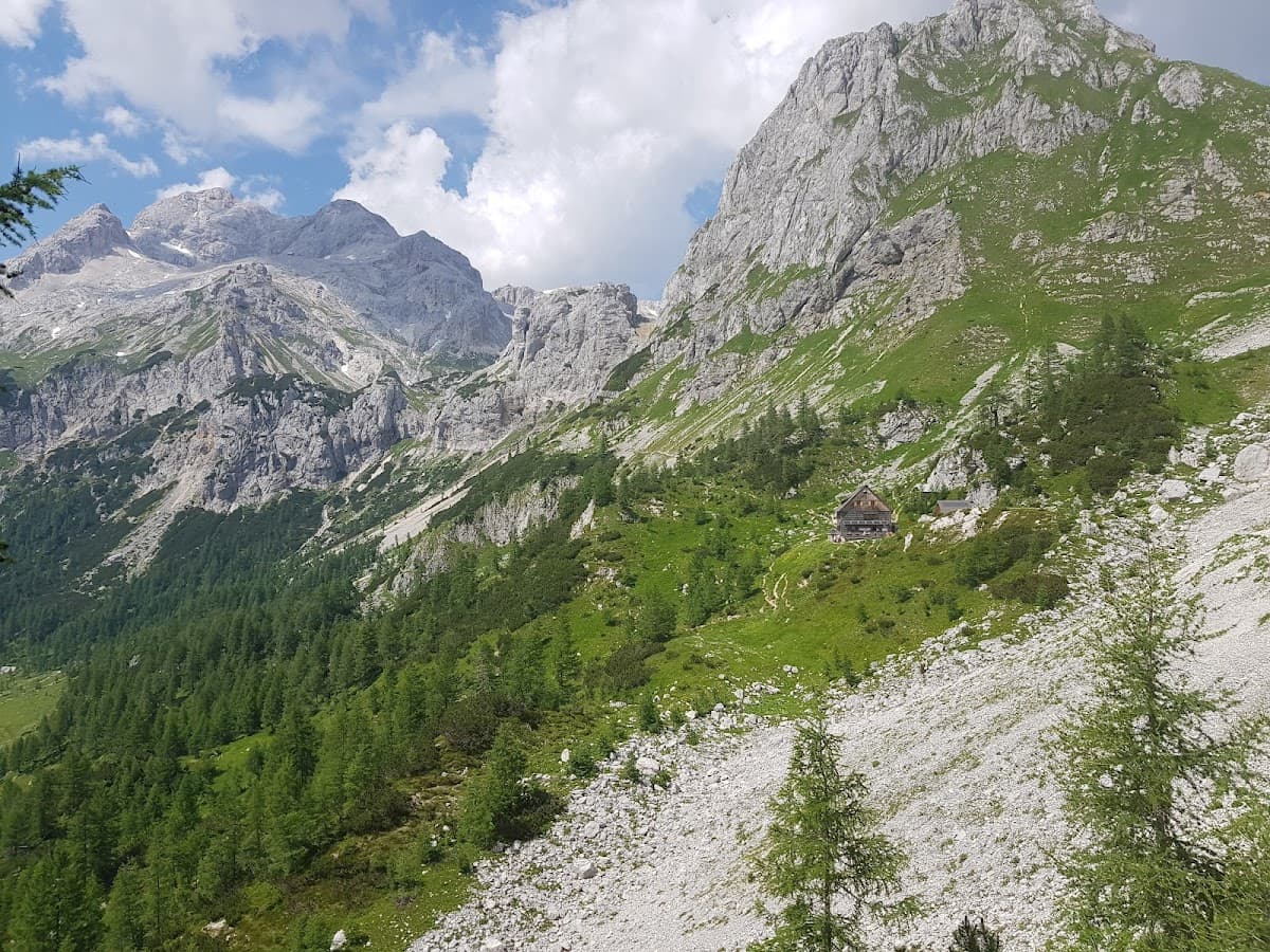 Mountain hut nestled on green slope below rocky peaks and forest in summer.