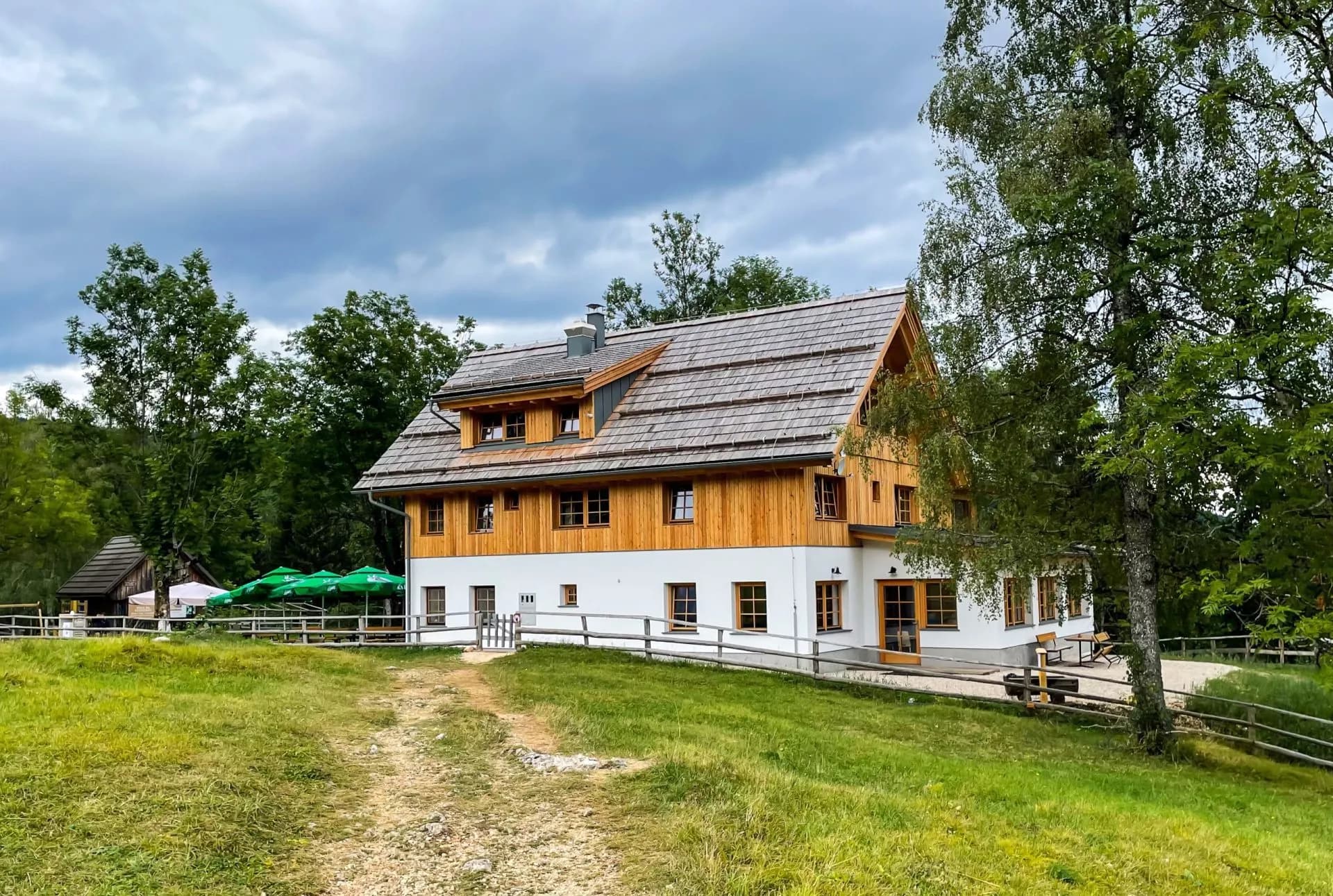 Wooden and white alpine lodge with green umbrellas and dirt path under cloudy sky