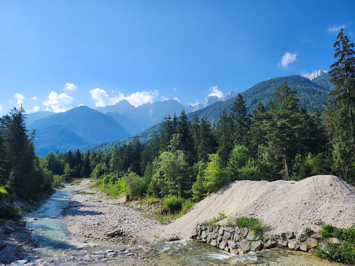 Mountain river flowing through a forested valley with alpine peaks in the background