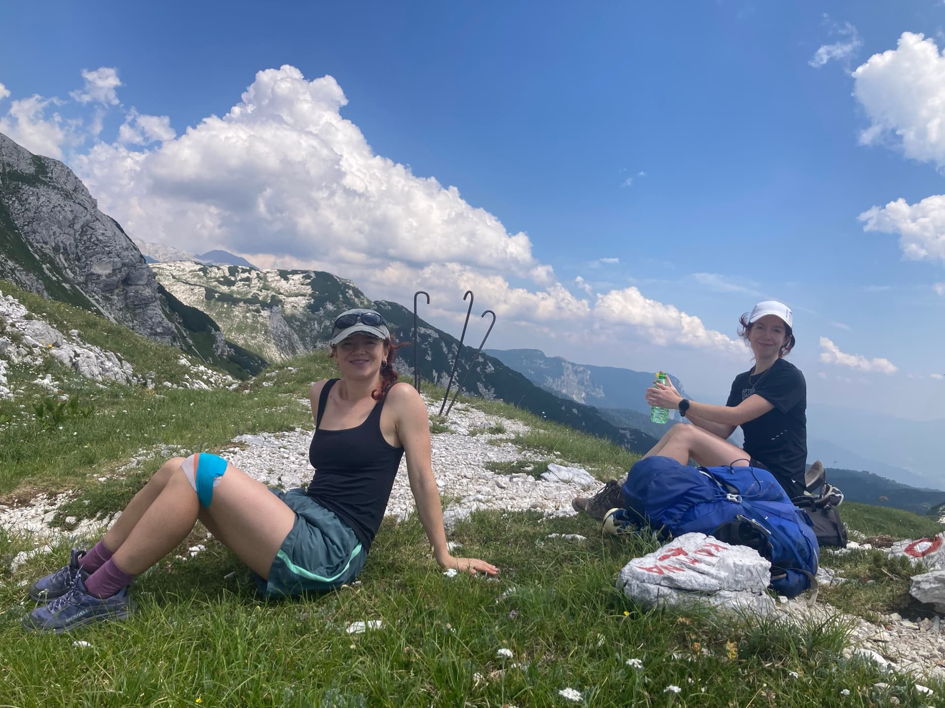 Hikers resting on alpine meadow with mountain peaks and blue sky