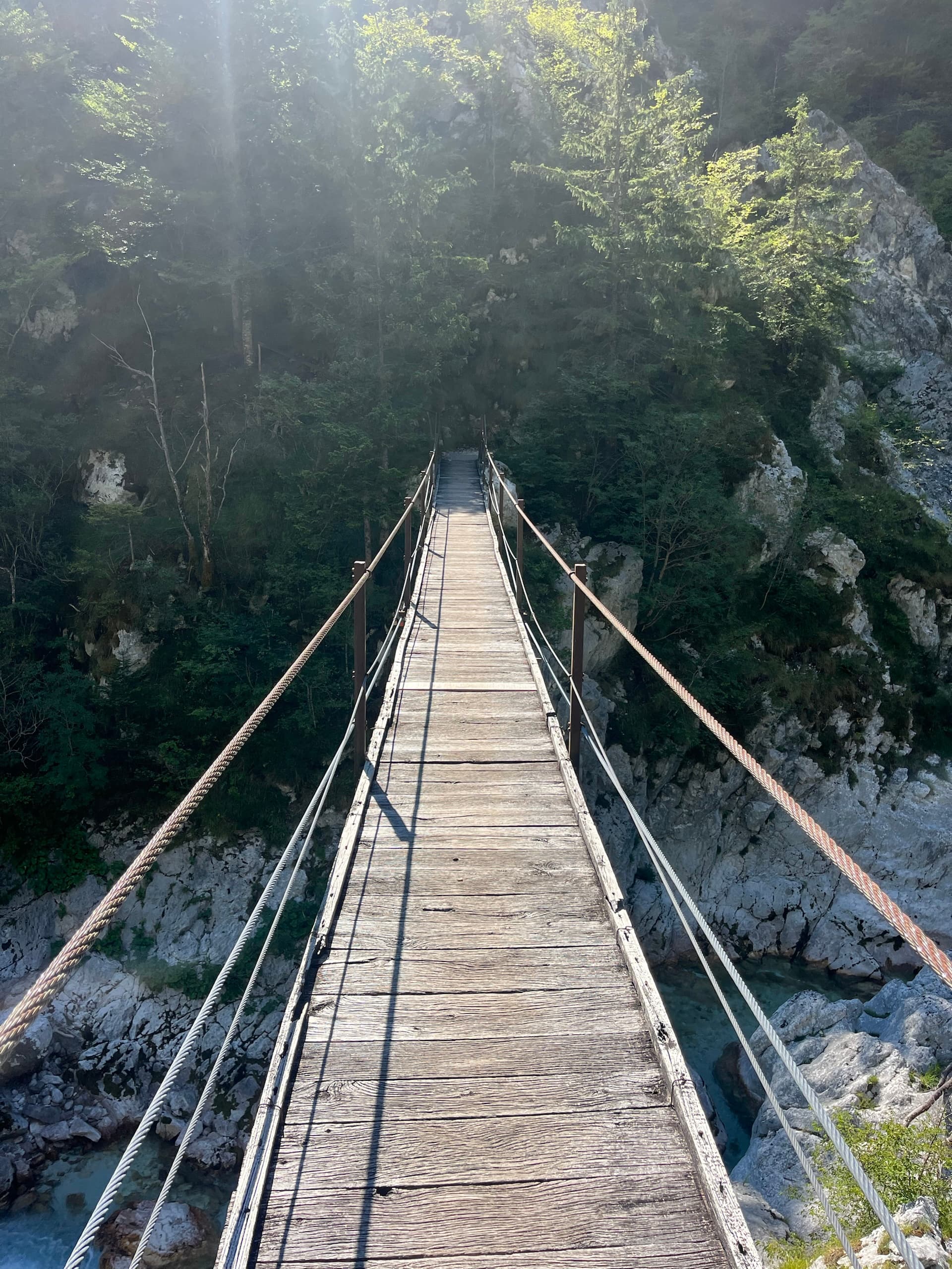 Wooden suspension bridge over river in Soca Valley with rocky cliffs and pine trees
