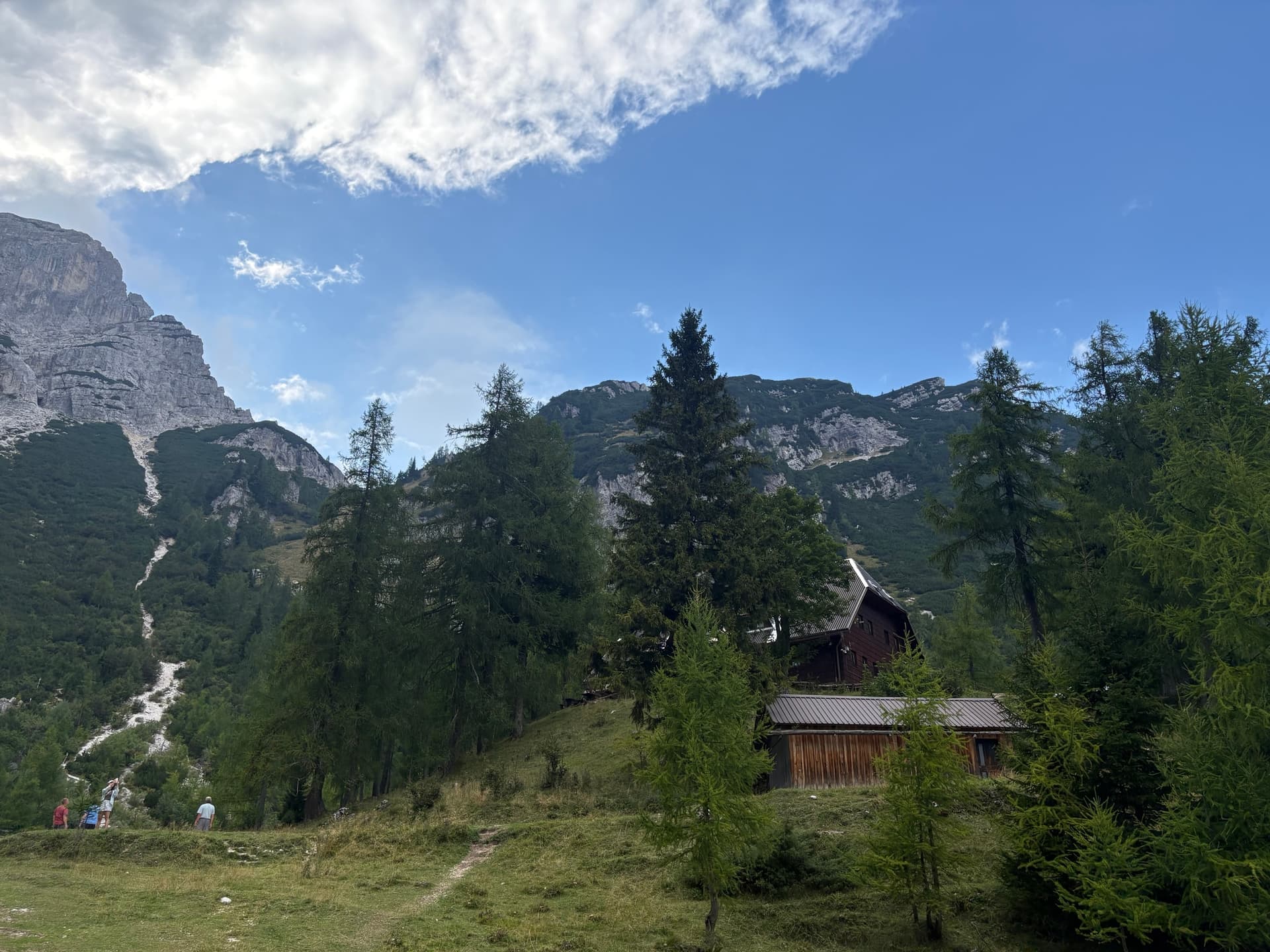 Alpine mountain hut in green meadow surrounded by pine trees and rocky peaks