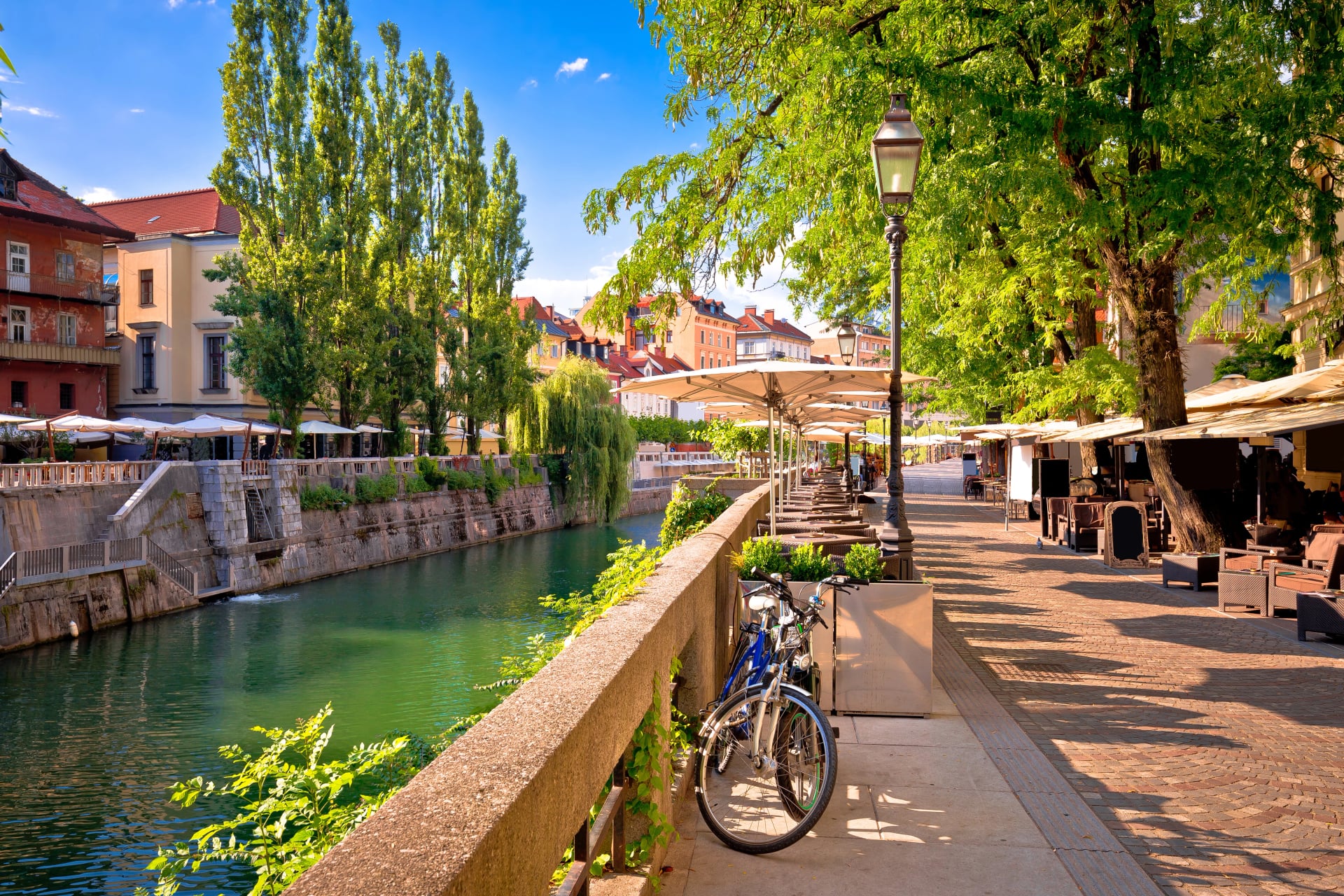 Promenade au bord de la rivière verte de Ljubljana vue d'été