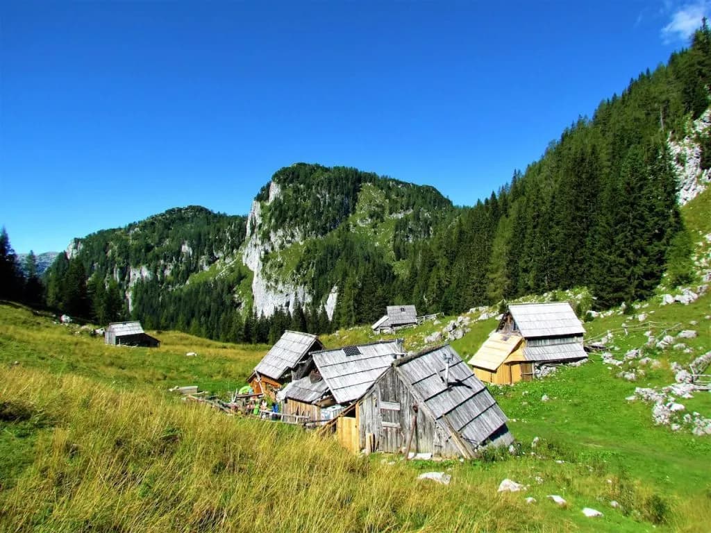 Wooden shepherd huts in a green mountain pasture below forested cliffs under a clear blue sky.
