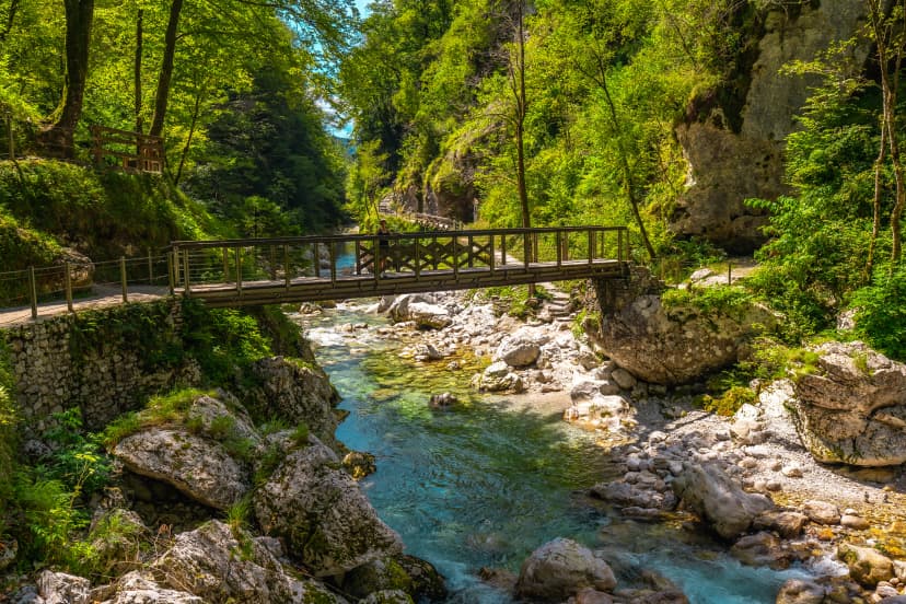 Wooden bridge crossing tolmin gorges in slovenia during summer