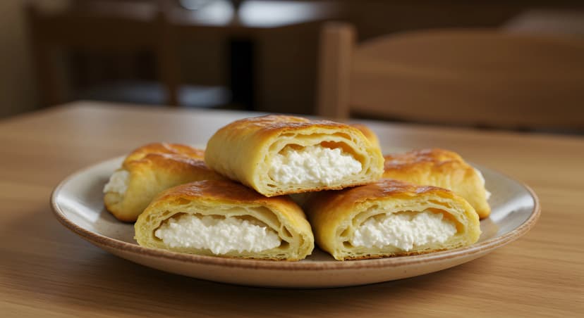 A ceramic plate of štruklji with cottage cheese on a restaurant table