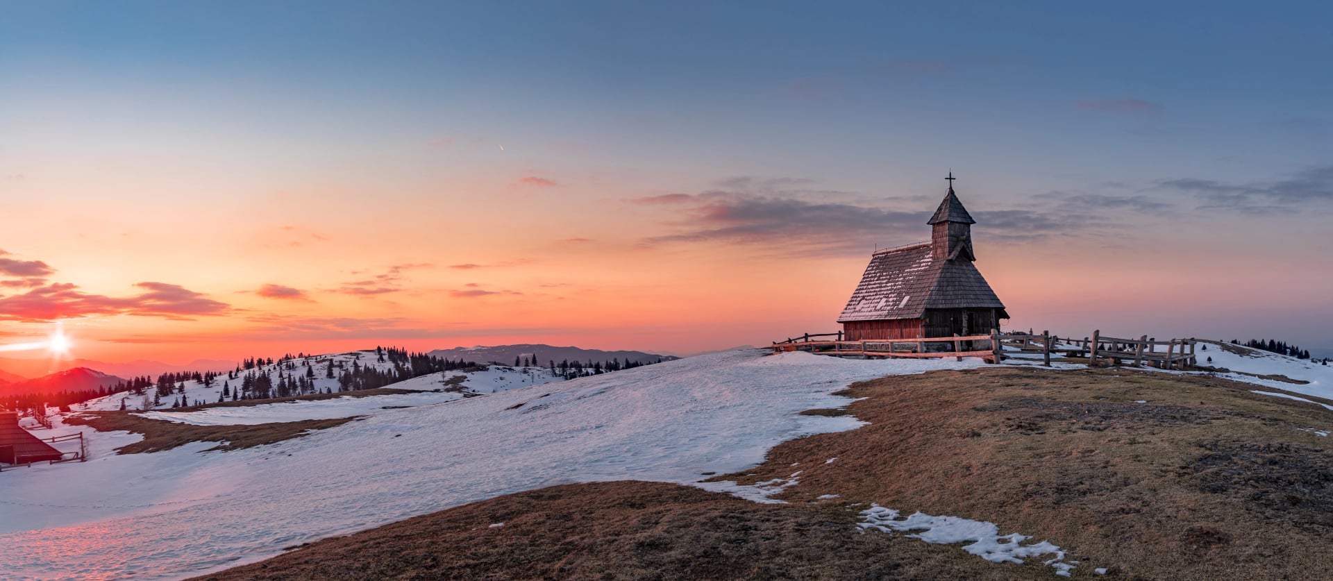 Church of Snowy Mary on Velika Planina in early spring, Slovenia