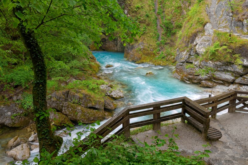 Beautiful landscape of Tolmin Gorges. Majestic scenery with clean mountain river in the deep gorges of Tolmin, Slovenia, Europe