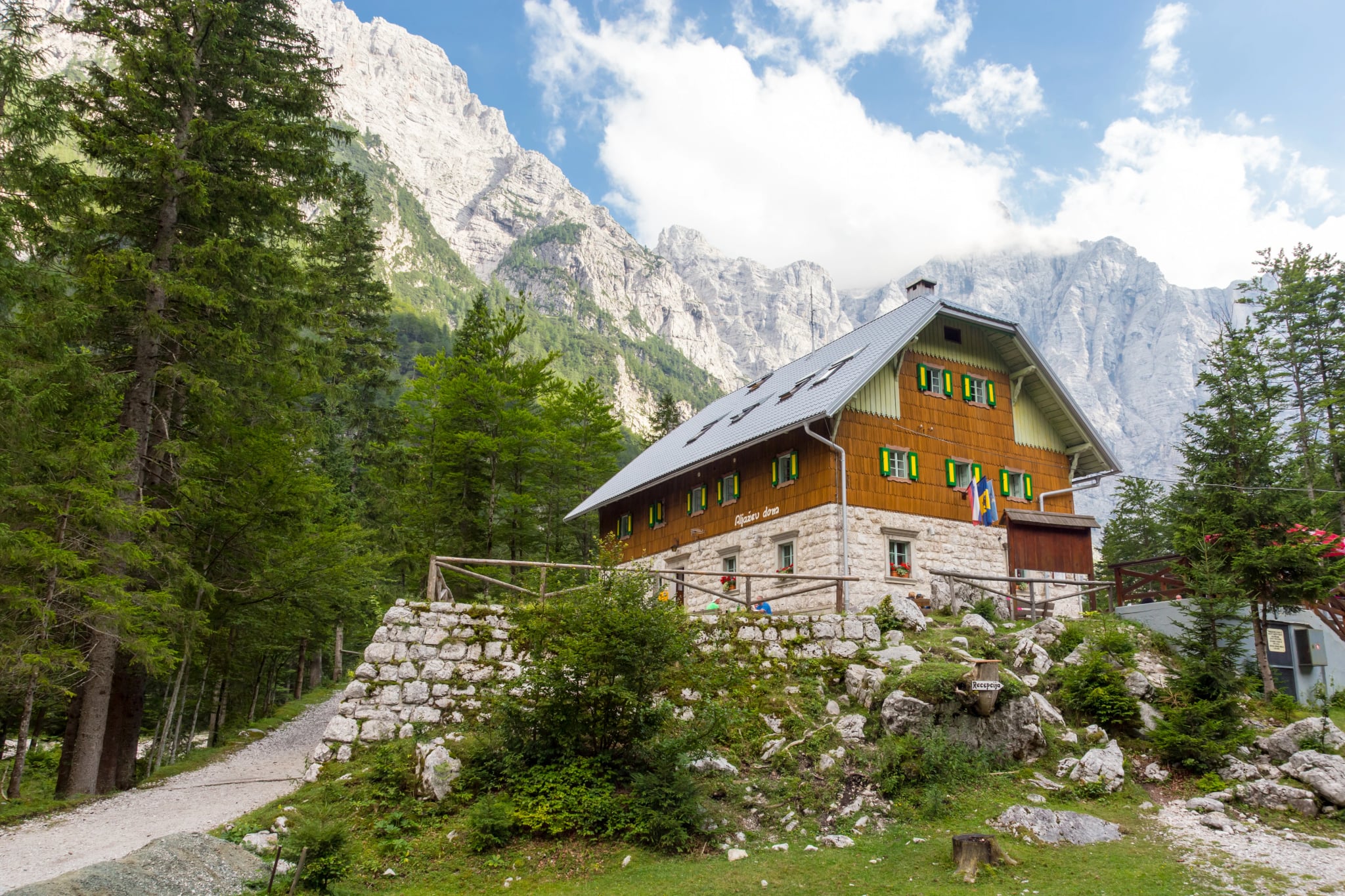 Aljaz Lodge or Aljazev dom in Vrata Valley, mountain hut that lies near the stream Triglav Bistrica in the upper end of the Vrata Valley in Triglav National Park in Julian Alps, Slovenia, Europe.