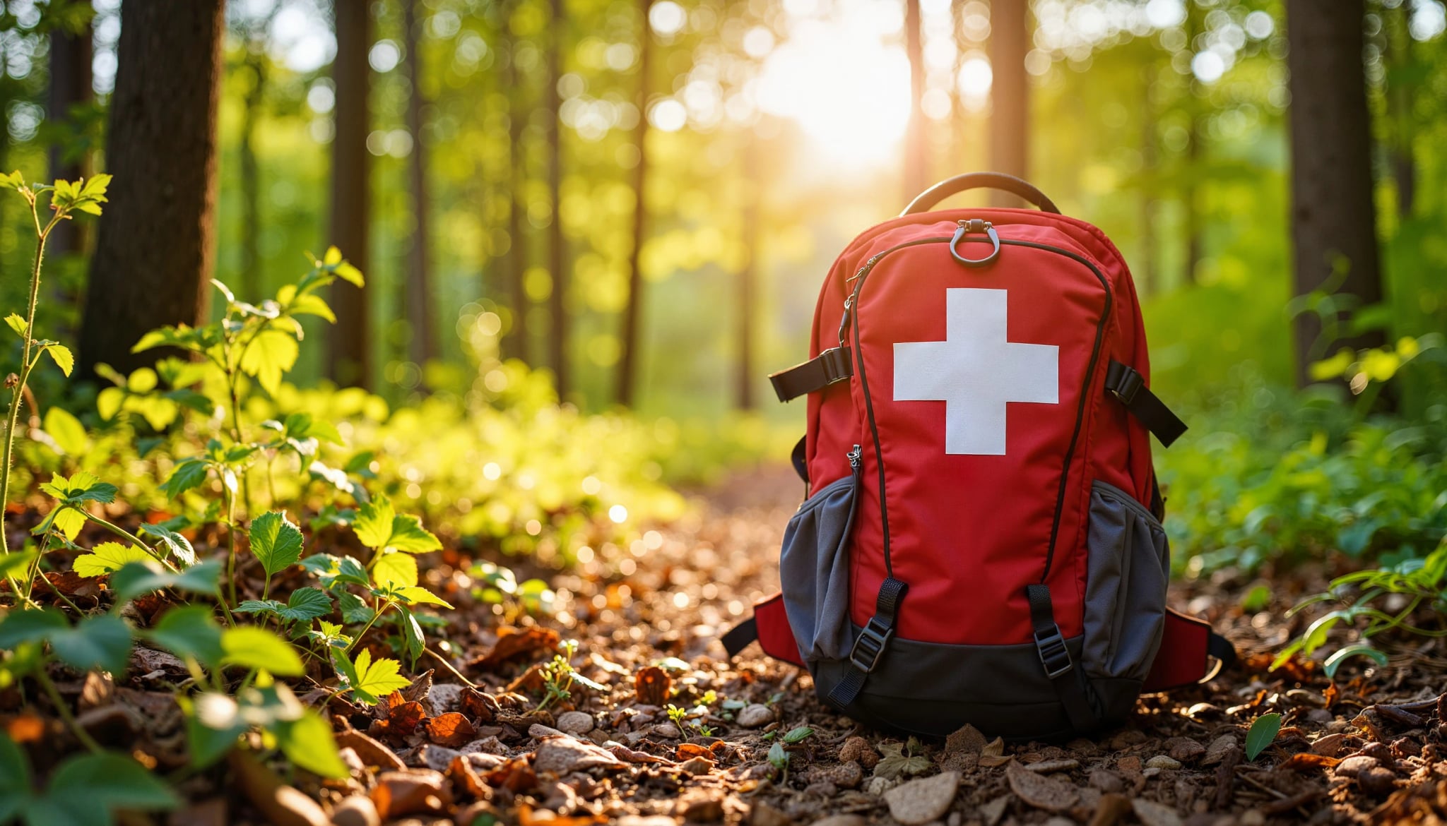 Emergency first aid backpack on forest trail at sunset, wilderness safety