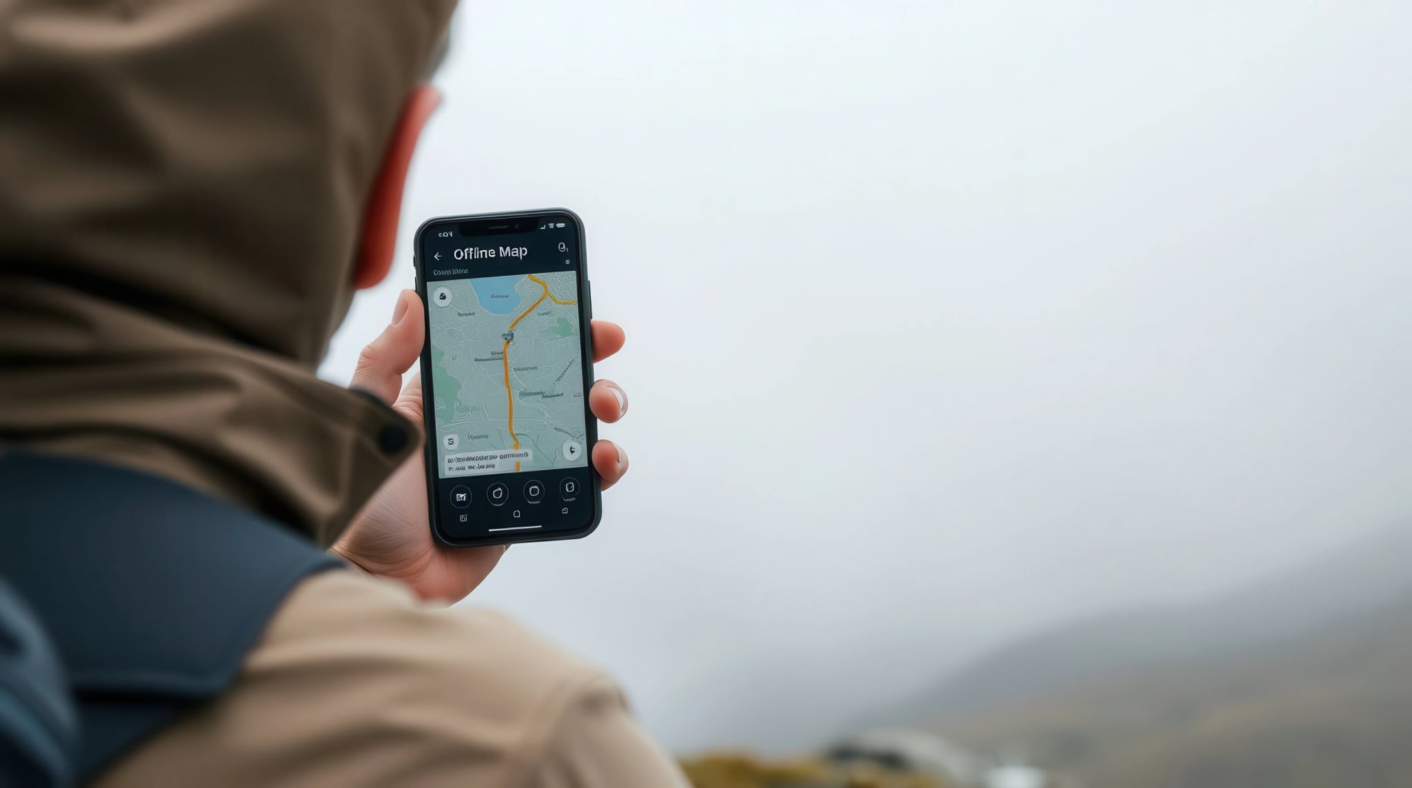 Navigator using an offline map on a smartphone during outdoor adventure in cloudy weather. Digital guidance.