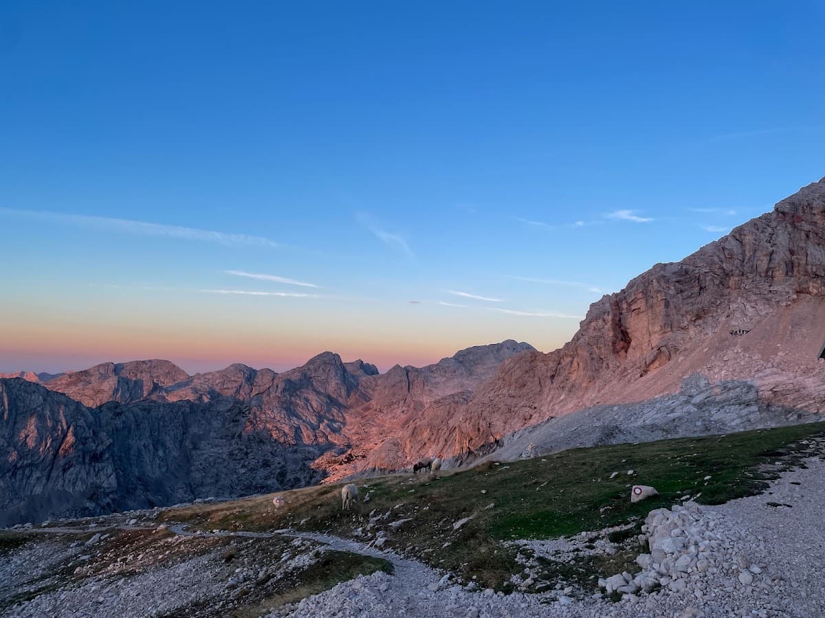 Alpine mountain peaks at sunset with rocky terrain and grazing sheep