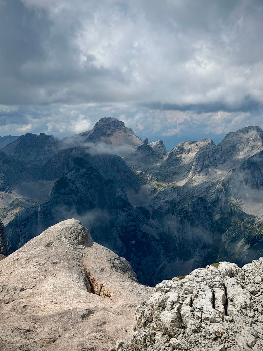 Alpine mountain peaks with rocky terrain and cloudy sky