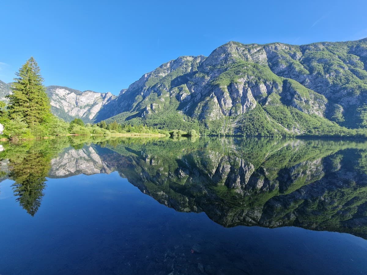 Alpine lake reflecting surrounding mountains and pine trees under a clear blue sky