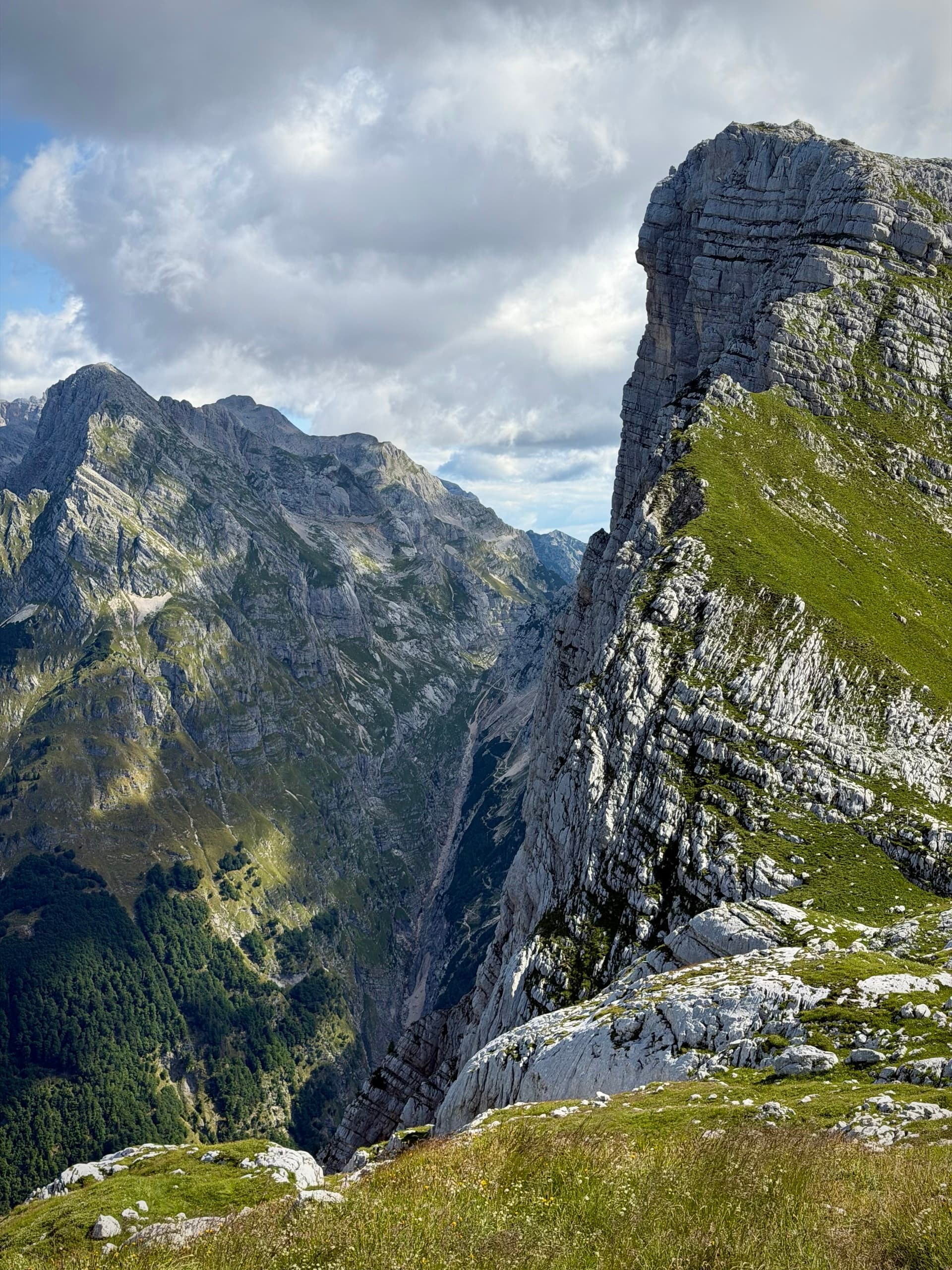 Rocky cliff edge above deep mountain valley with grassy slopes and cloudy sky