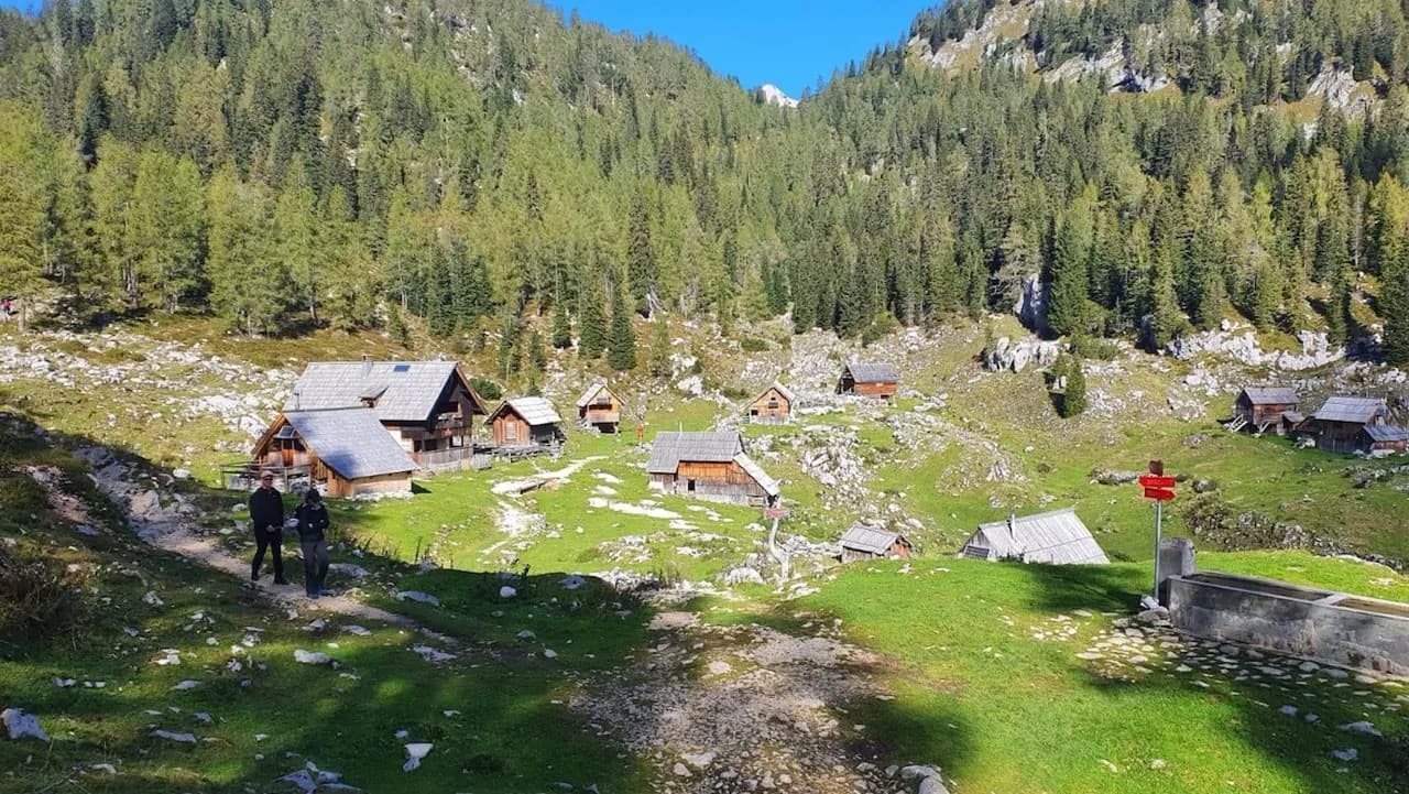 Hikers on path near wooden alpine huts nestled in a grassy mountain valley with dense forest.