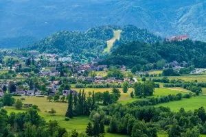 A view across the valley towards the settlements of Zgornje Gorje and Bled