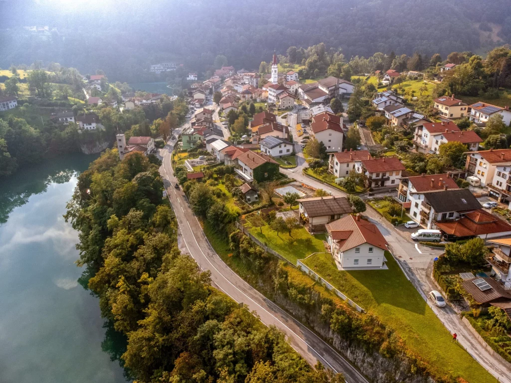 Aerial view of Most na Soci with Soca river