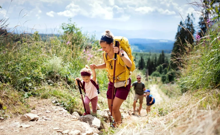 family,with,small,children,hiking,outdoors,in,summer,nature,,walking