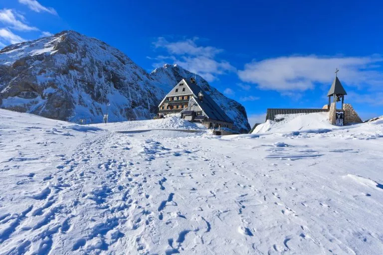 Kredarica hut and a small chapel below Triglav