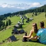 close,up,young,couple,observes,the,rural,mountain,landscape,with