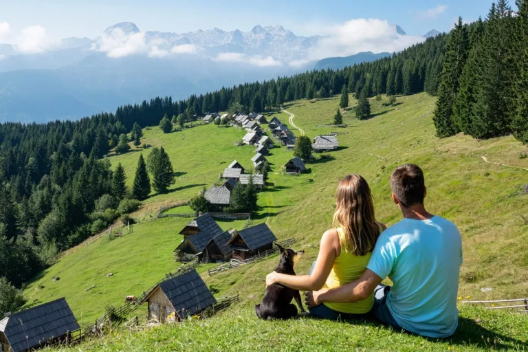 close,up,young,couple,observes,the,rural,mountain,landscape,with