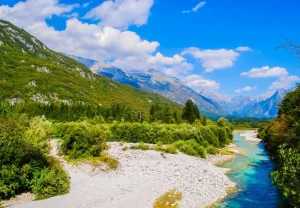 beautiful landscape of lake and mountains in summe